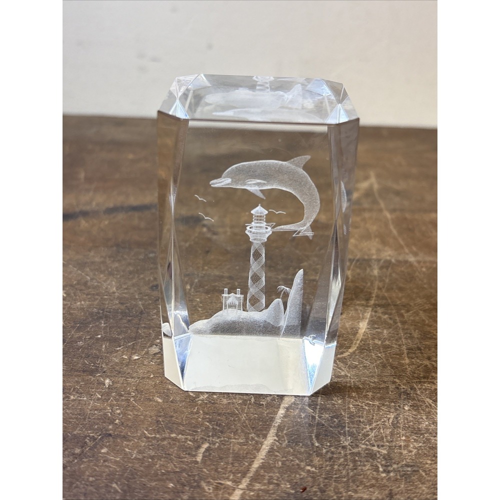 Crystal Cube Lighthouse Dolphin Beach Three Dimensional. Excellent Condition.